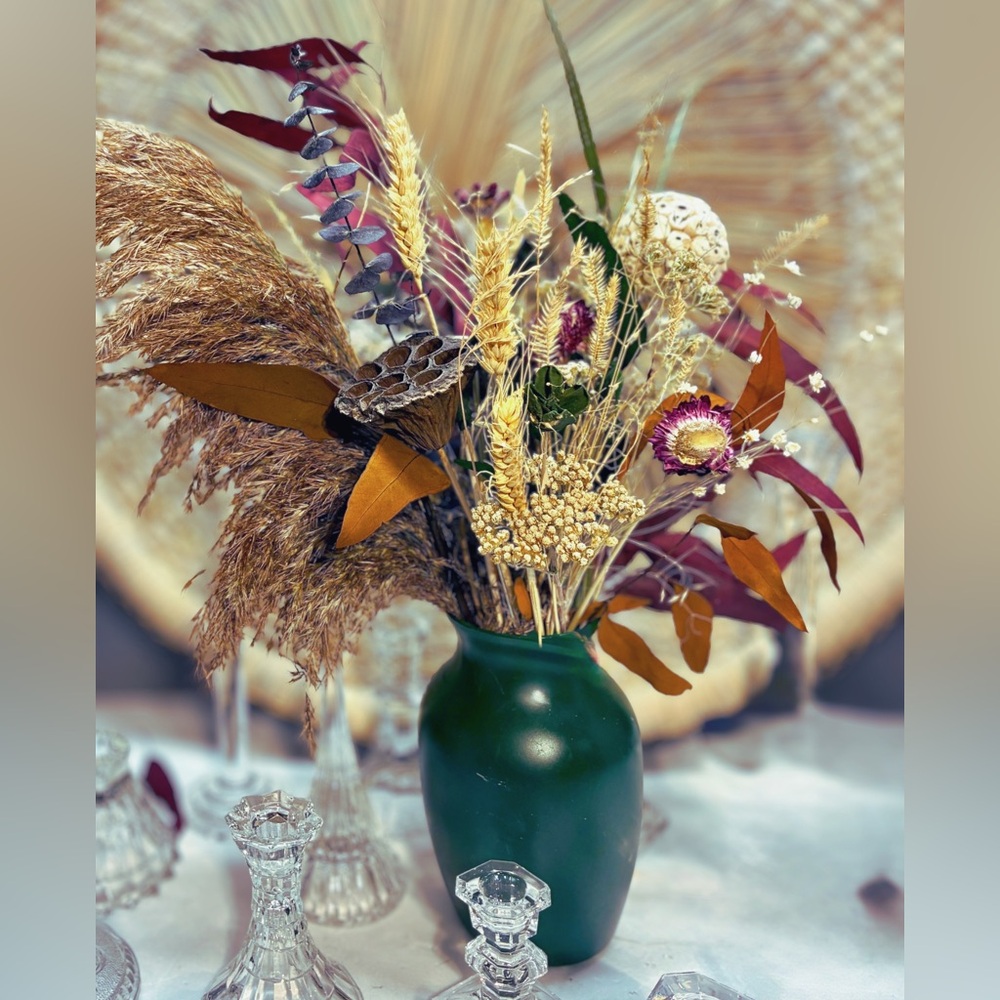 Artisan Handmade Harvest Jewel Tone Dried Flower Arrangement + Vase